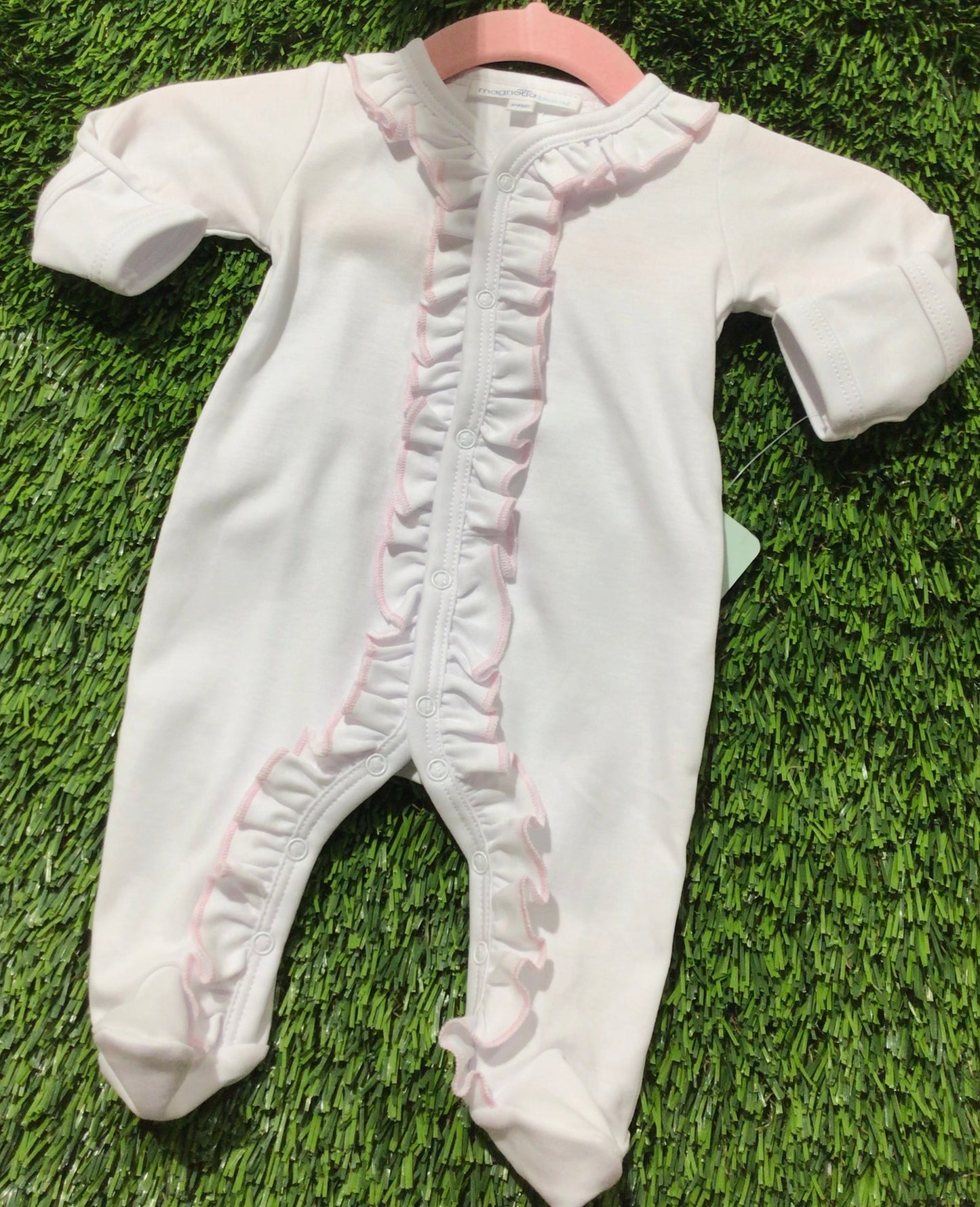 Essentials white footie with pink trim ruffle PRE