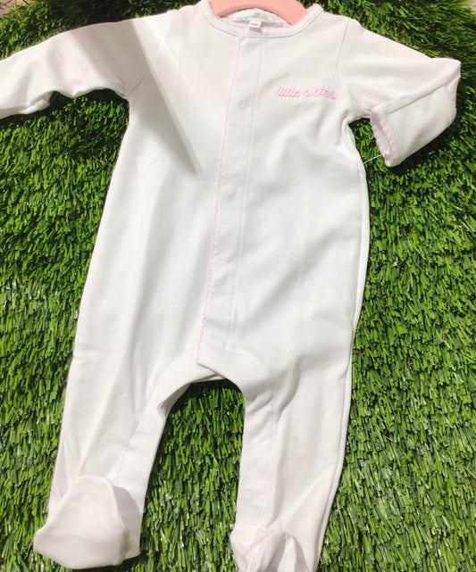 Little sister embroidered footie 12m