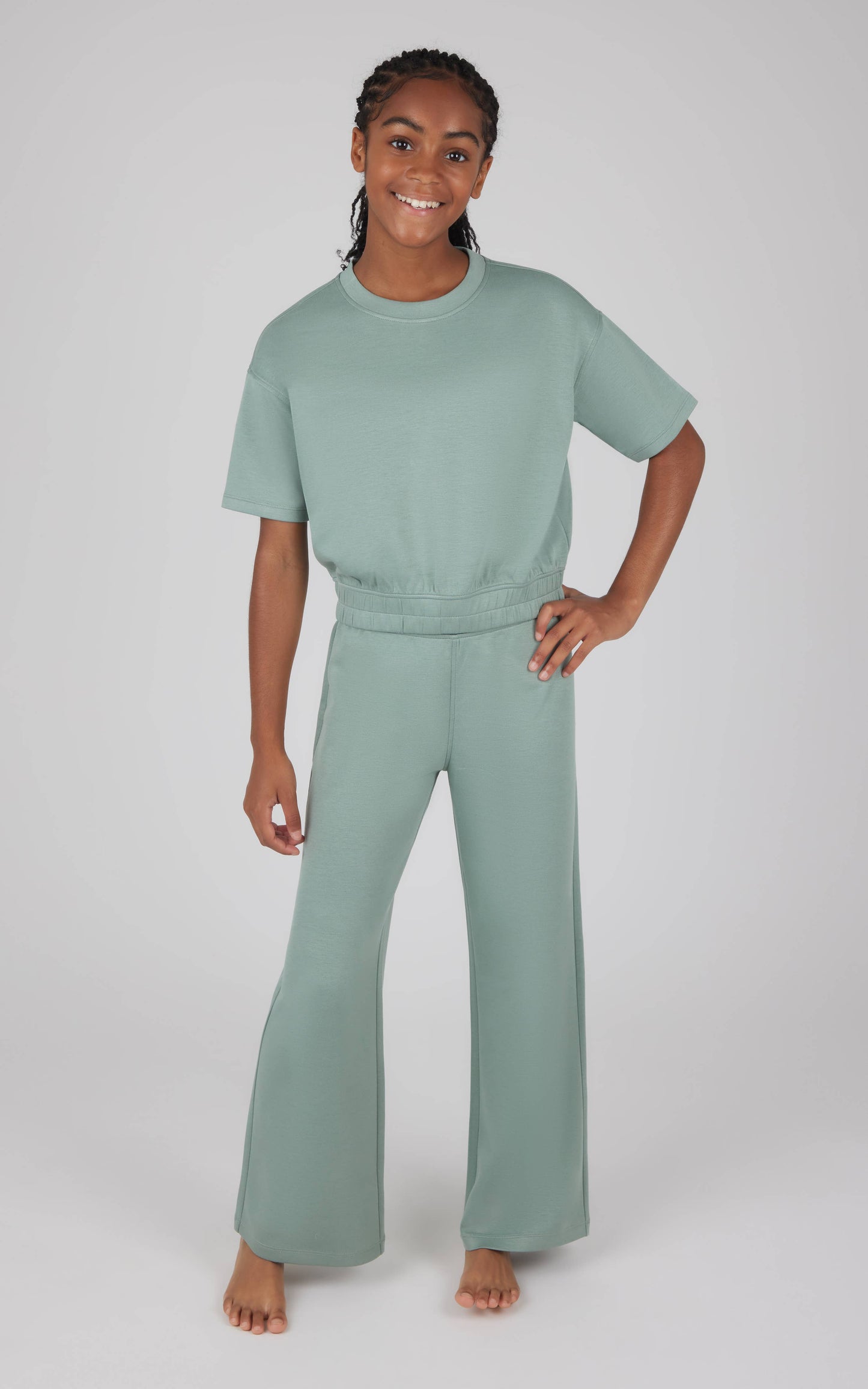 Girls Crew Neck Scuba Top and Pant - 2 PC SET: HTR.NACREOUS CLOUD