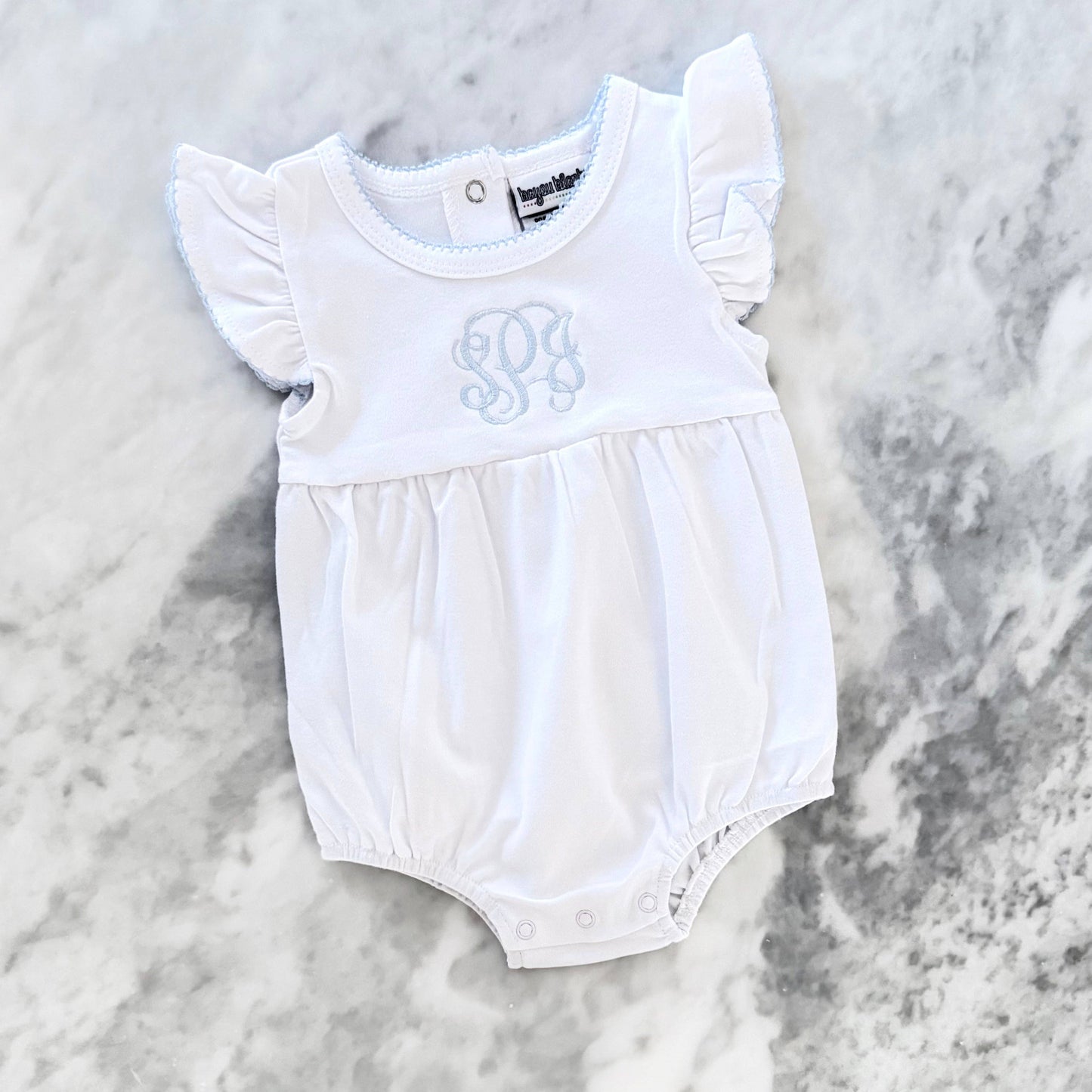 Knit Flutter Sleeve Bubble with Picot Trim: Baby Blue / 6M