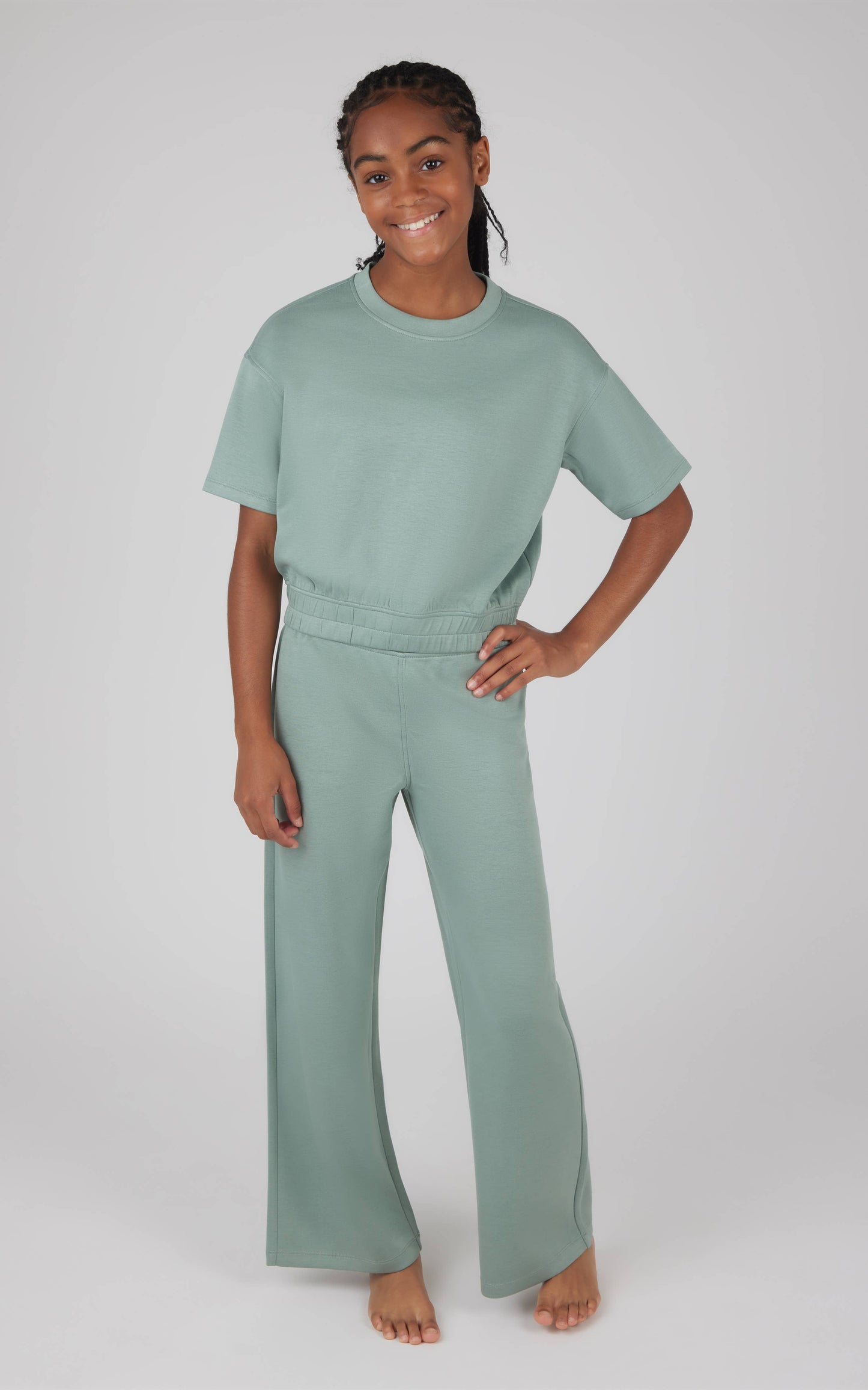 Girls Crew Neck Scuba Top and Pant - 2 PC SET: HTR.NACREOUS CLOUD